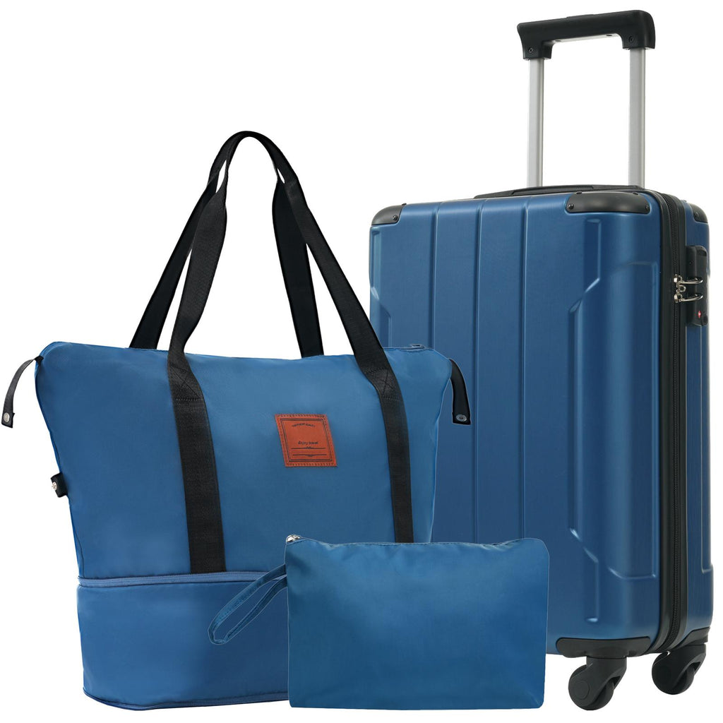 Conjunto de viaje: maleta de 20 pulgadas, bolso y neceser — azul