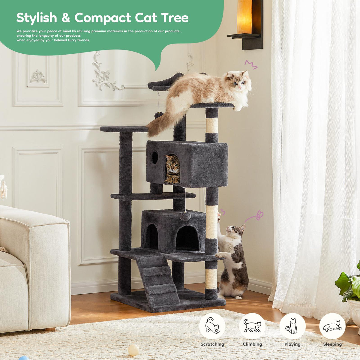 Árbol para gatos con casita, rascador y rampa — azul oscuro