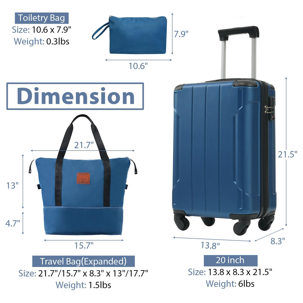 Conjunto de viaje: maleta de 20 pulgadas, bolso y neceser — azul