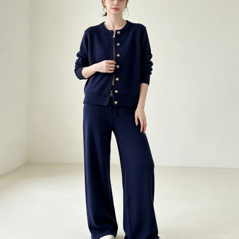 Conjunto de punto de 2 piezas: cárdigan y pantalón ancho