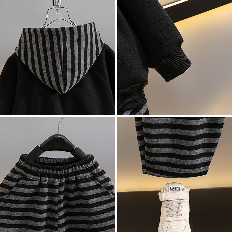 Boys' Striped Hooded Sweatshirt and Sweatpants Tracksuit Set Spring Autumn