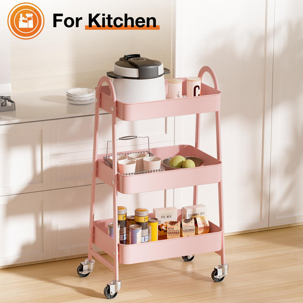 Carrito organizador metálico de tres niveles con ruedas — rosa