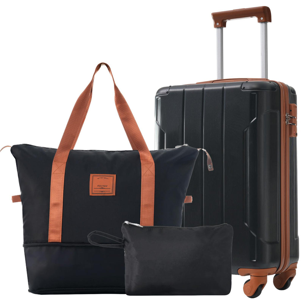 Conjunto de viaje: maleta de 20 pulgadas, bolso y neceser — negro