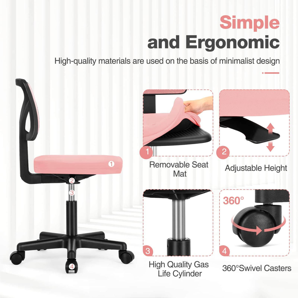 Silla de oficina de malla sin brazos — rosa