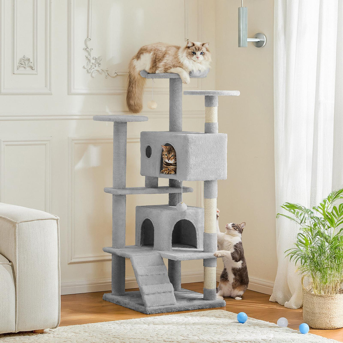 Árbol para gatos con casita, rascador y rampa — gris