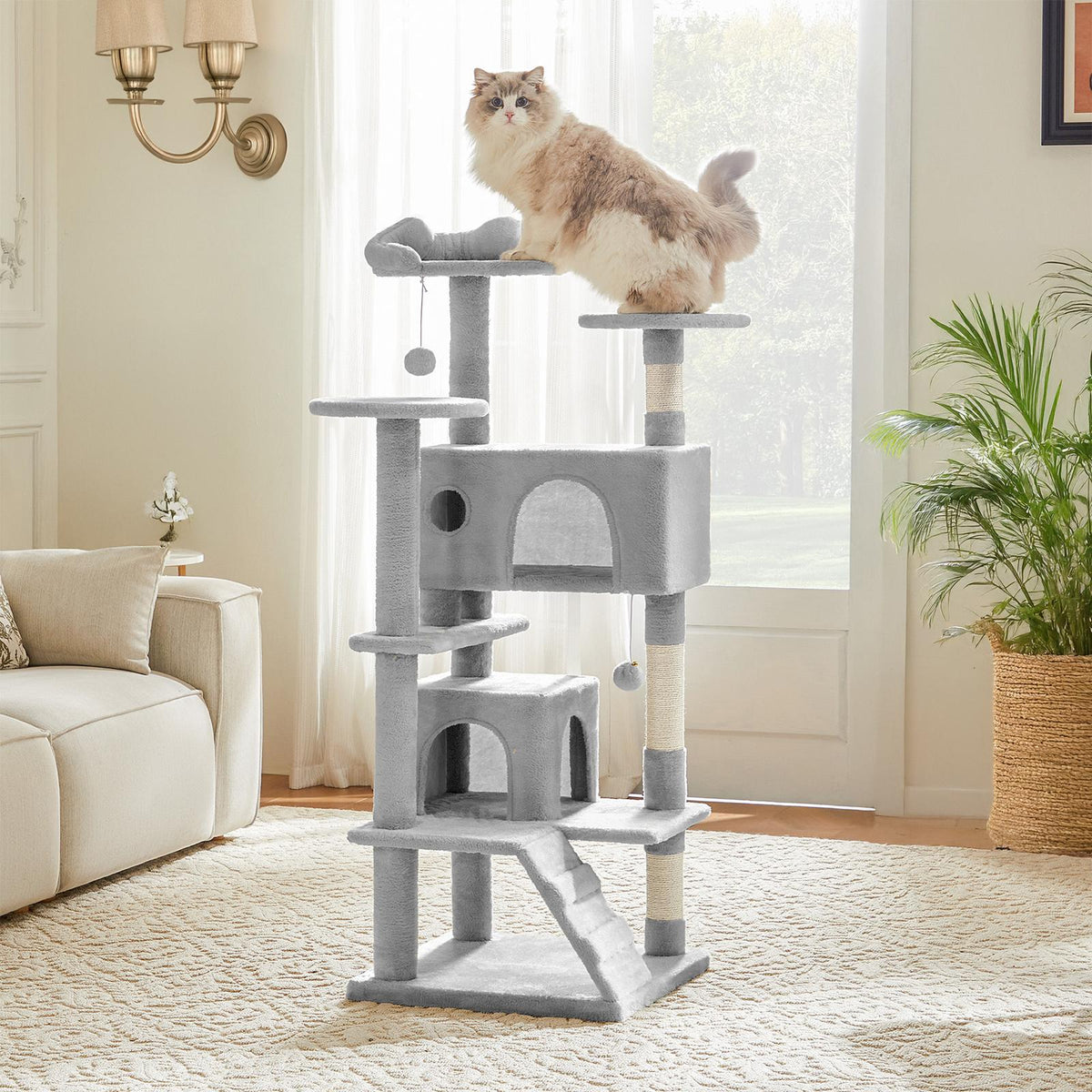 Árbol para gatos con casita, rascador y rampa — gris