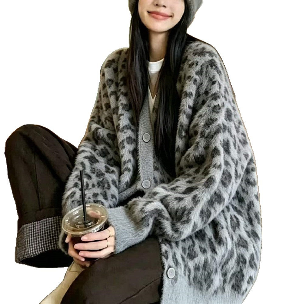 Cárdigan holgado con estampado de leopardo y cuello en V