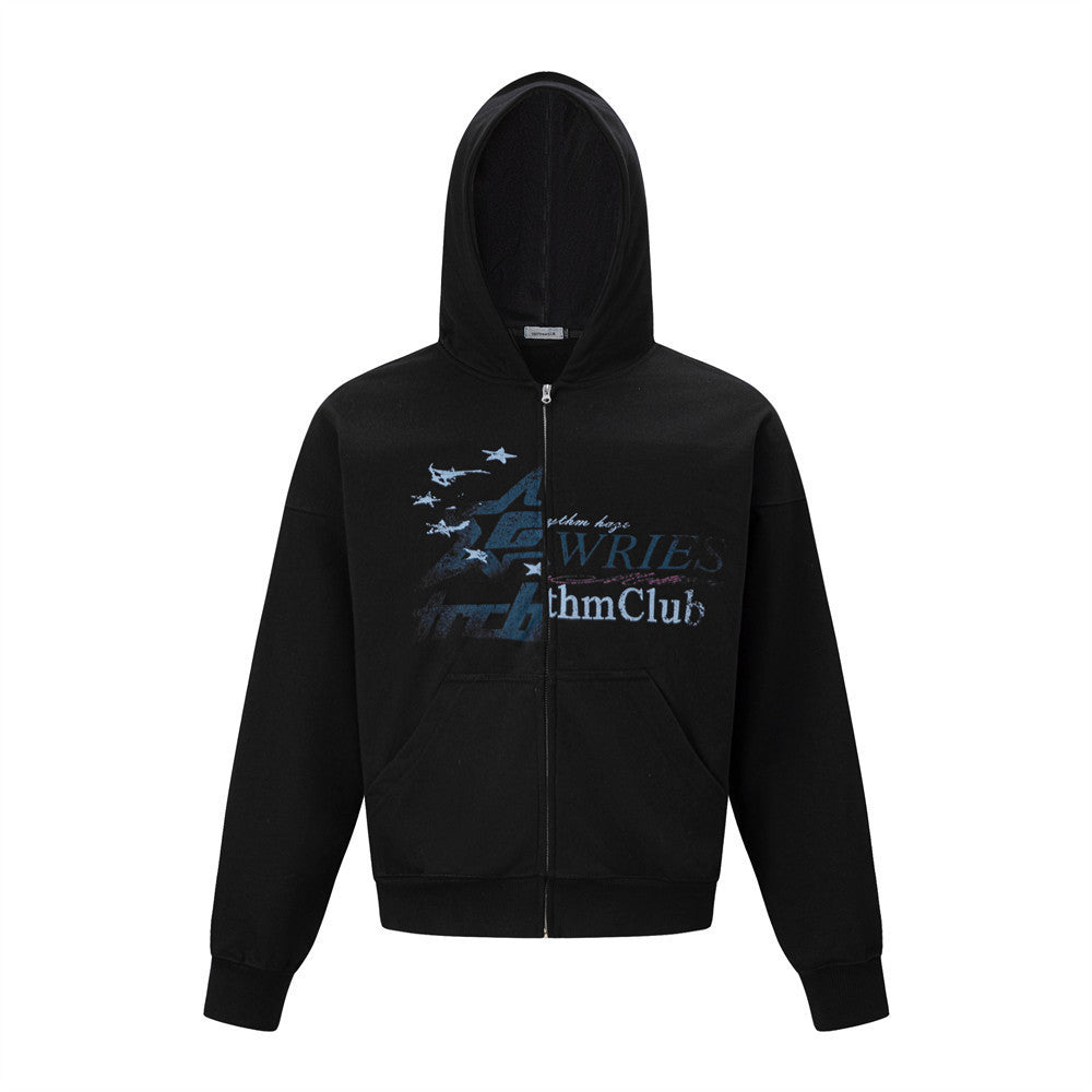 Sudadera con capucha, cremallera y estampado de estrellas y letras