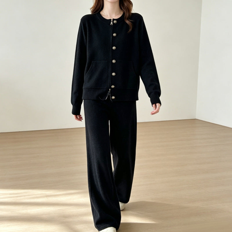 Conjunto de punto de 2 piezas: cárdigan y pantalón ancho