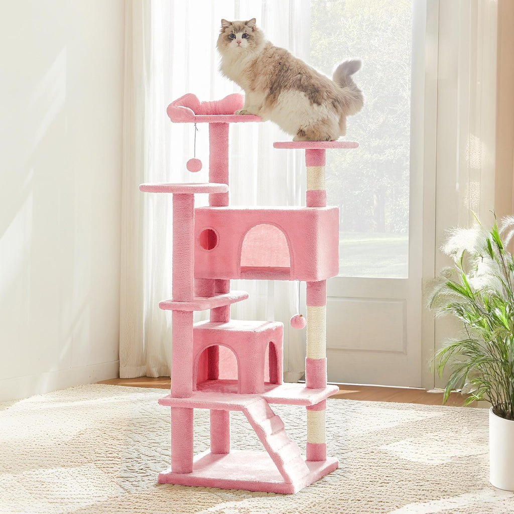 Árbol para gatos con casita, rascador y rampa — rosa
