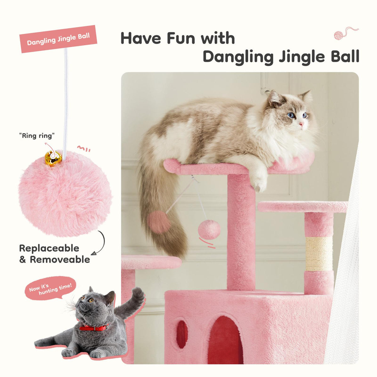 Árbol para gatos con casita, rascador y rampa — rosa