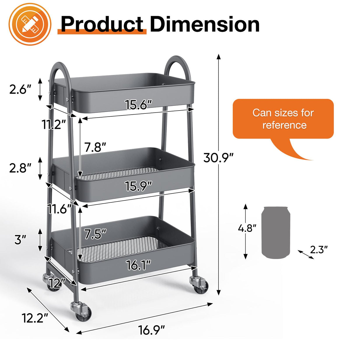 Carrito organizador metálico de tres niveles con ruedas — gris