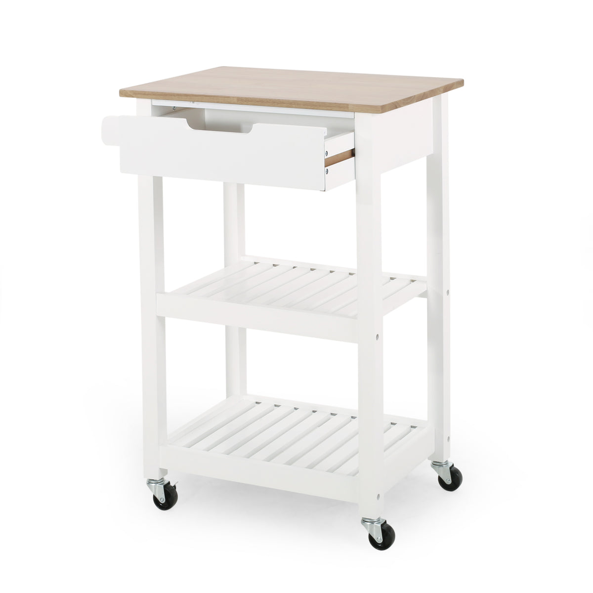 Carrito de cocina blanco con cajón, dos estantes y ruedas