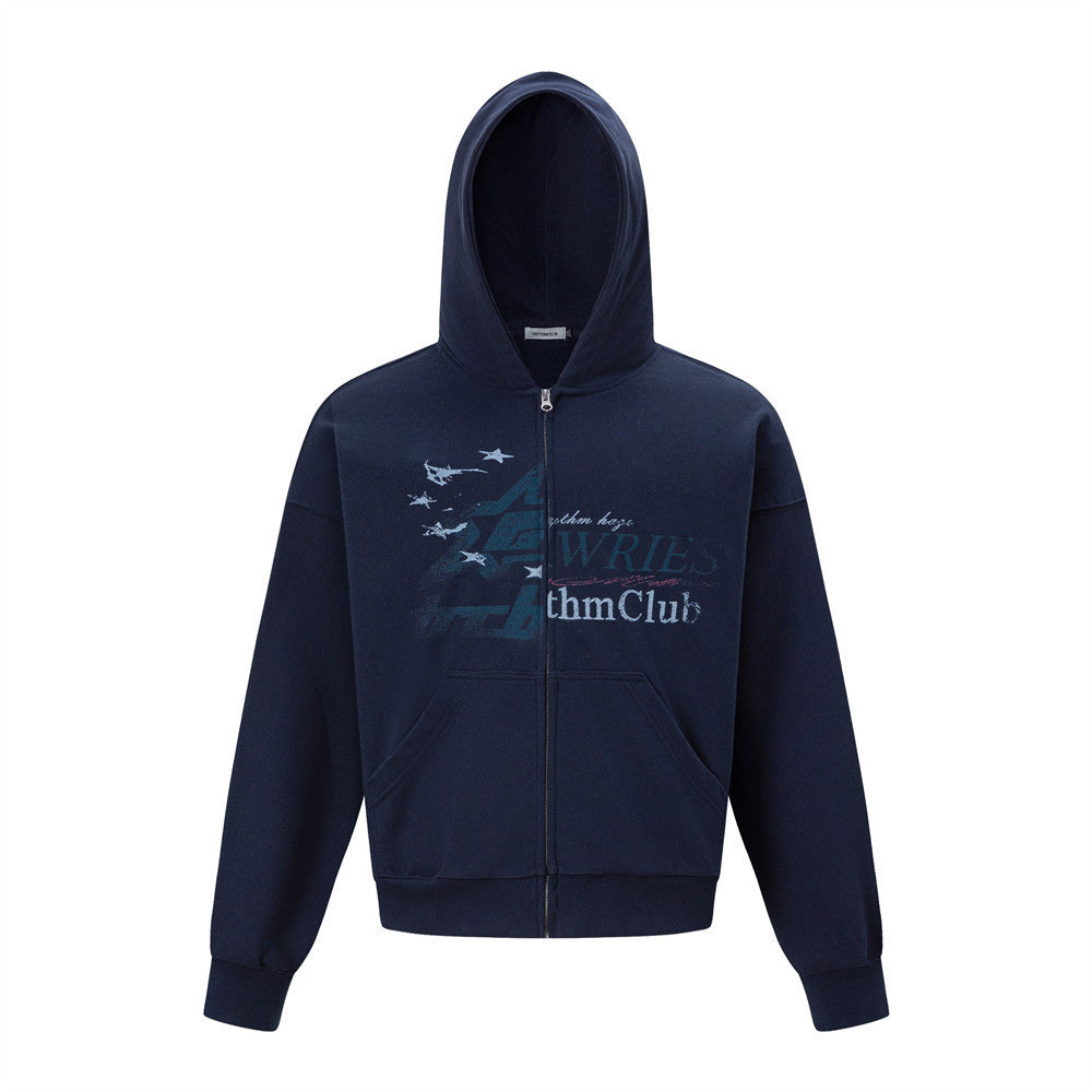 Sudadera con capucha, cremallera y estampado de estrellas y letras