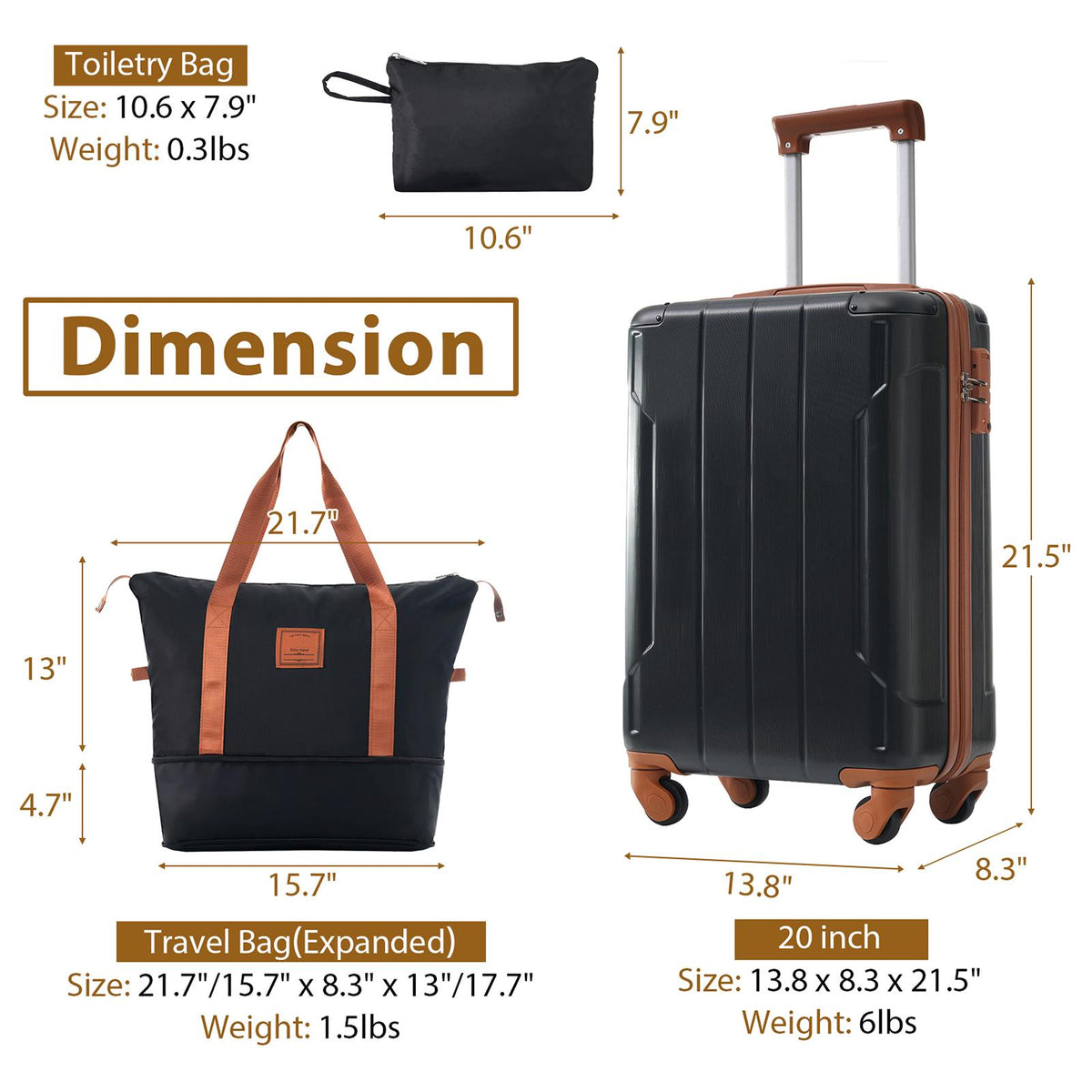 Conjunto de viaje: maleta de 20 pulgadas, bolso y neceser — negro