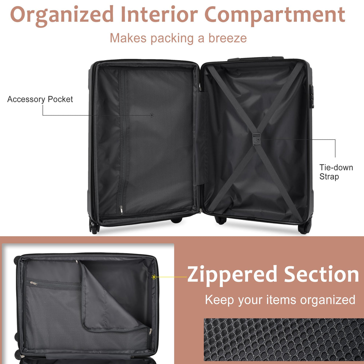 Conjunto de viaje: maleta de 20 pulgadas, bolso y neceser — negro