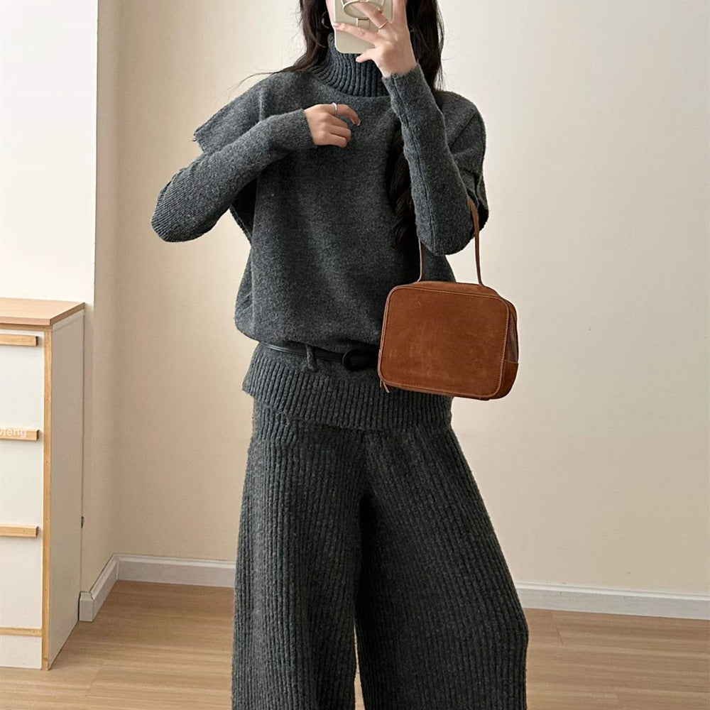 Conjunto de punto de 3 piezas con chaleco y pantalón ancho
