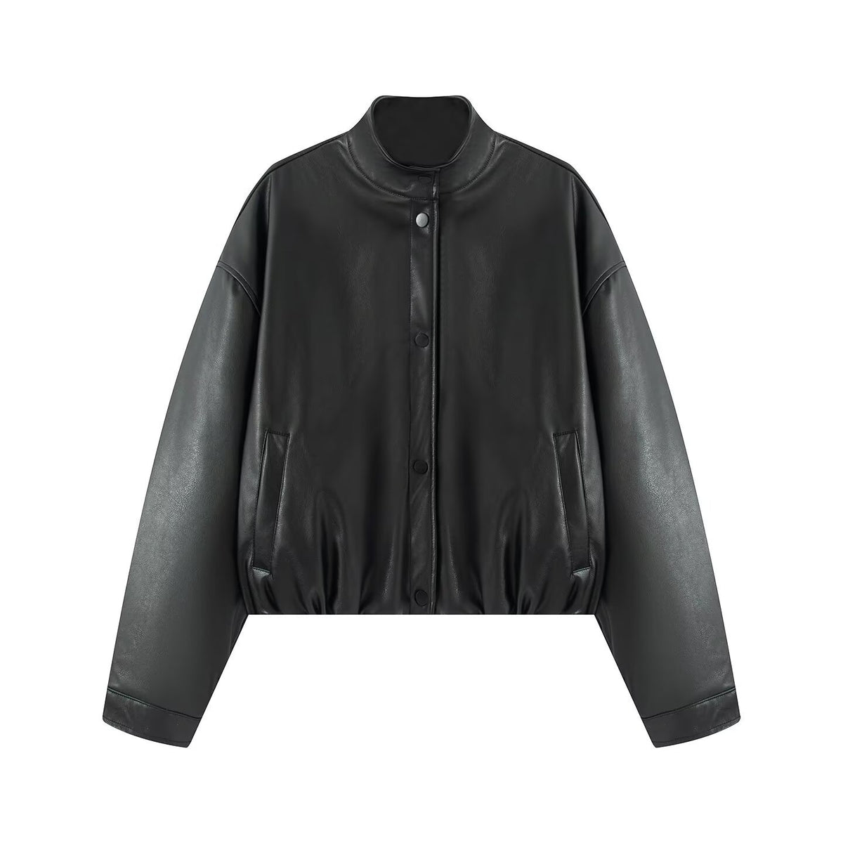 Chaqueta de PU de cuello alto con botones y cremallera