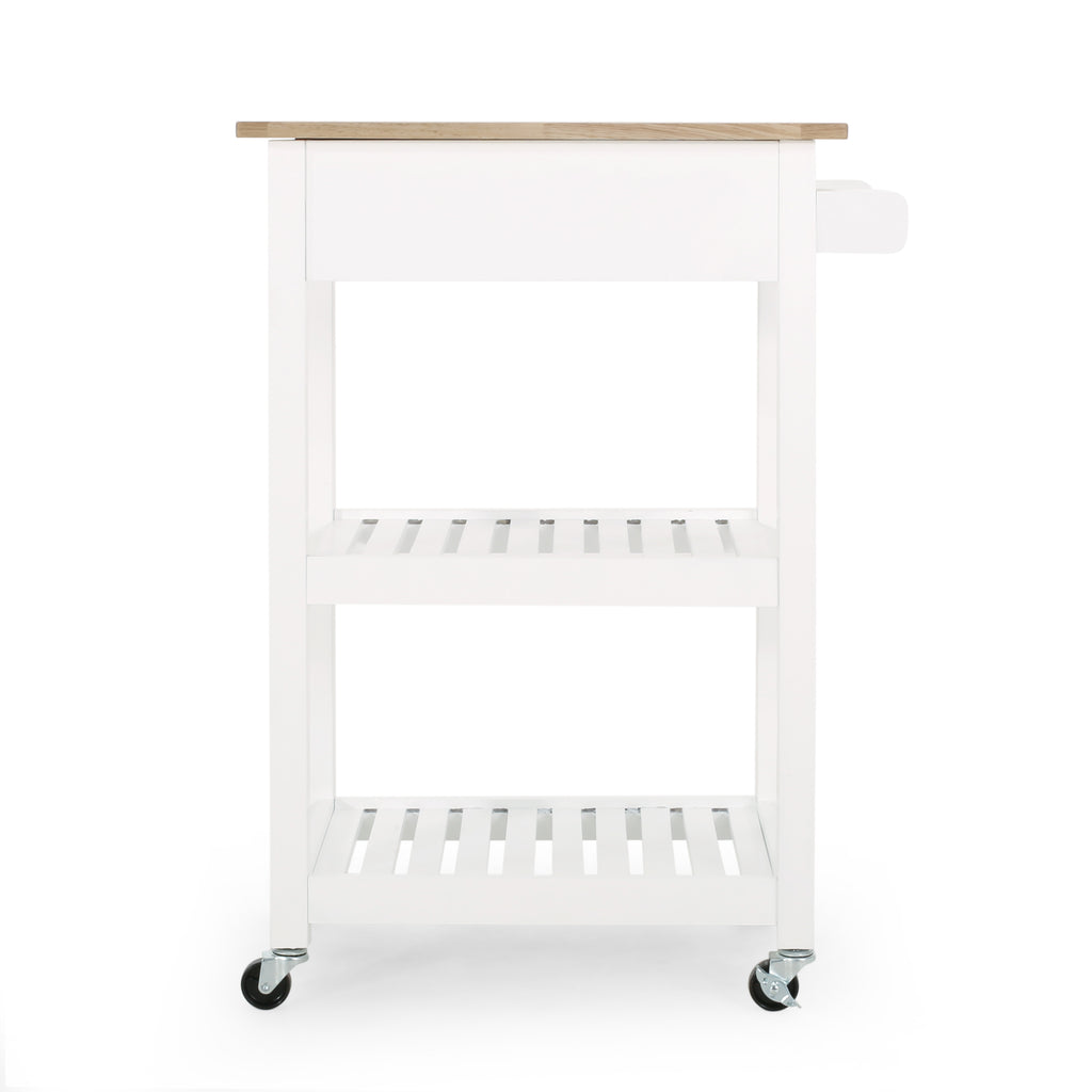 Carrito de cocina blanco con cajón, dos estantes y ruedas