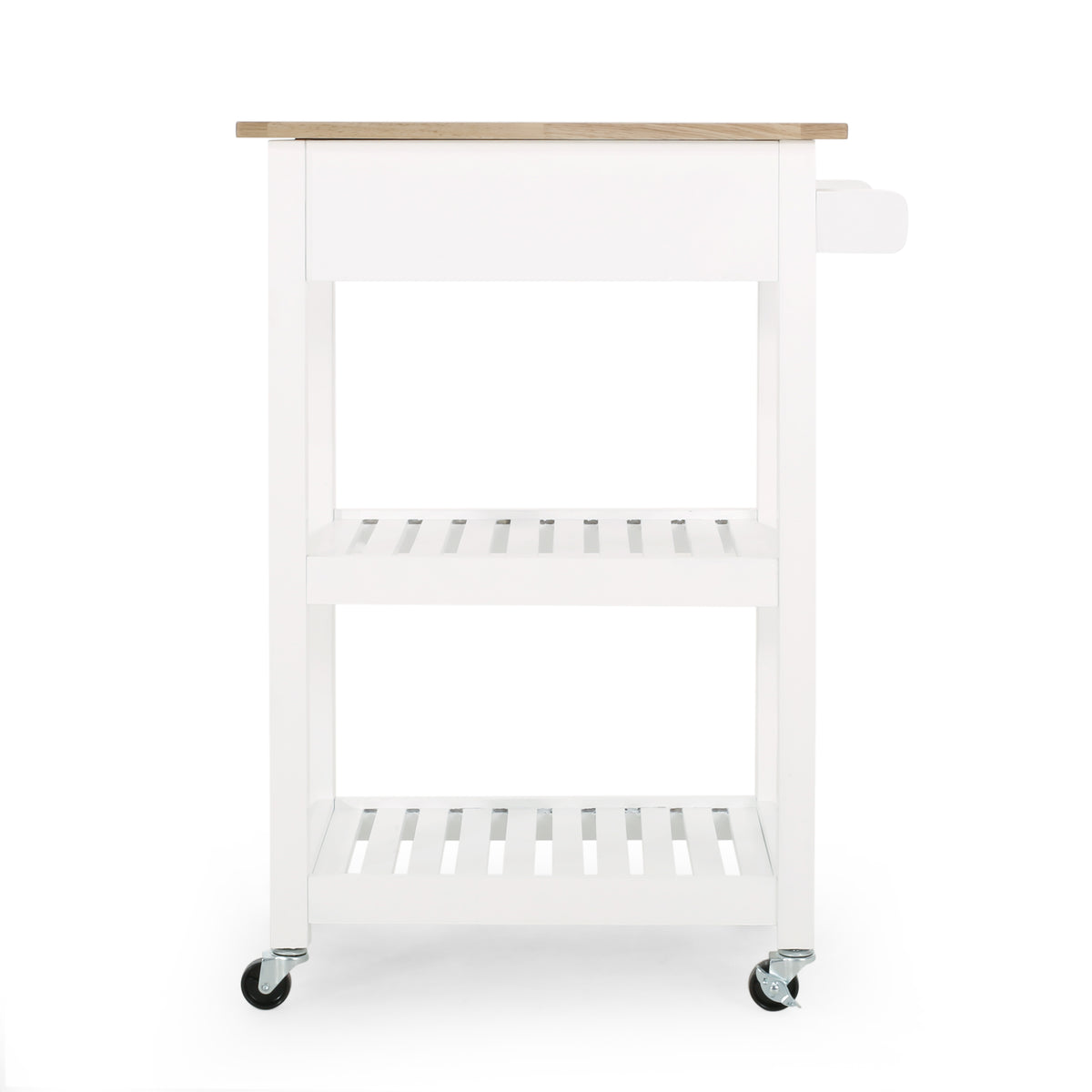 Carrito de cocina blanco con cajón, dos estantes y ruedas