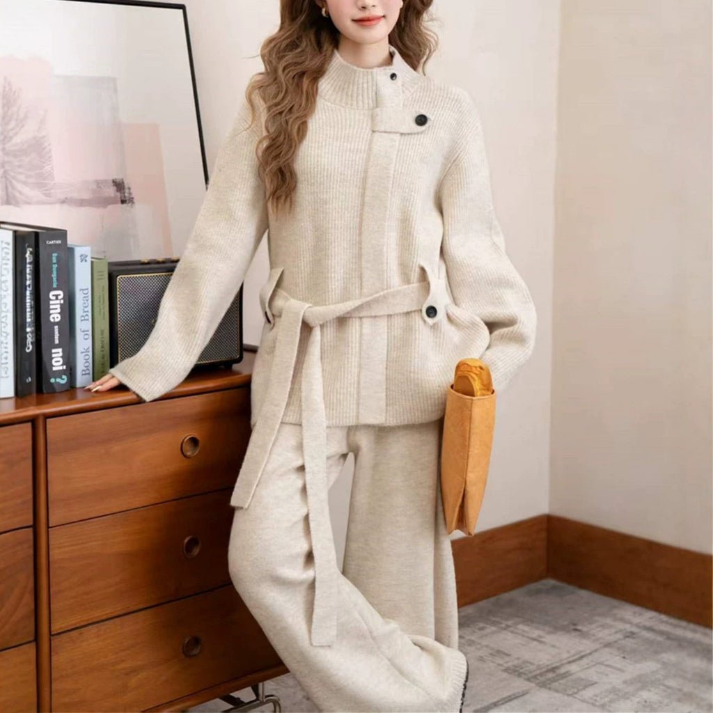 Conjunto de punto con cárdigan y pantalón ancho ajustable