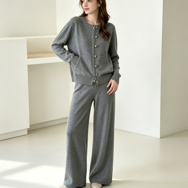 Conjunto de punto de 2 piezas: cárdigan y pantalón ancho