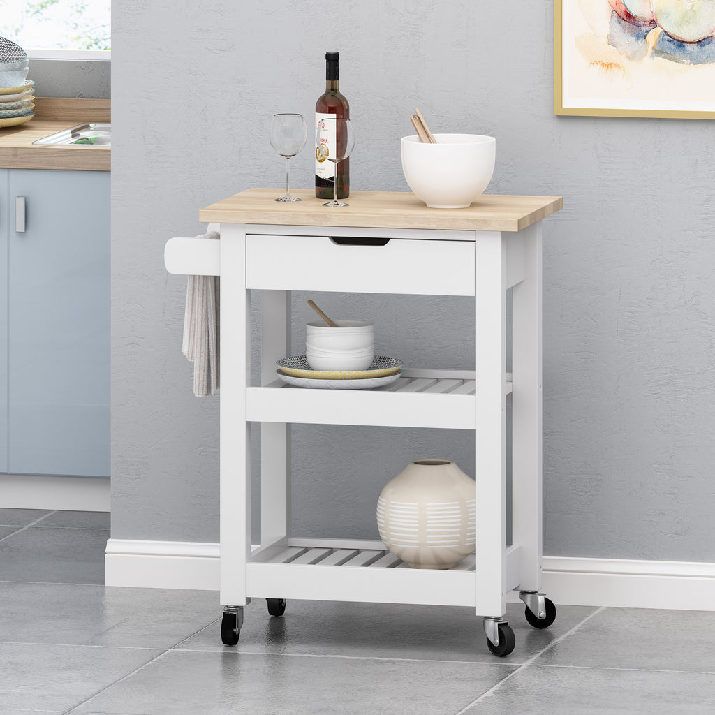 Carrito de cocina blanco con cajón, dos estantes y ruedas
