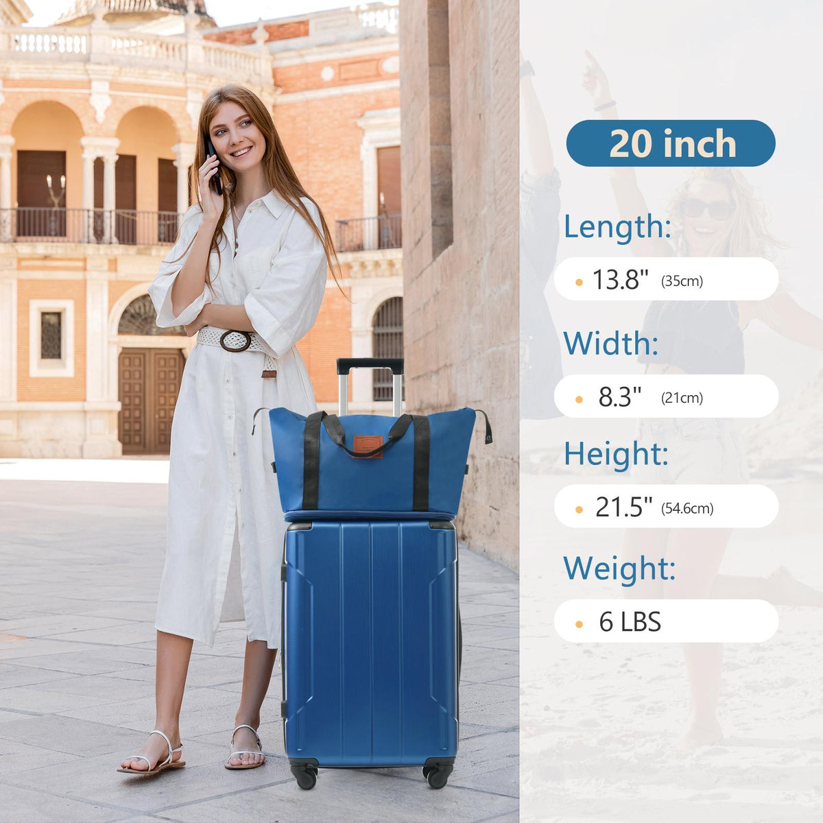 Conjunto de viaje: maleta de 20 pulgadas, bolso y neceser — azul
