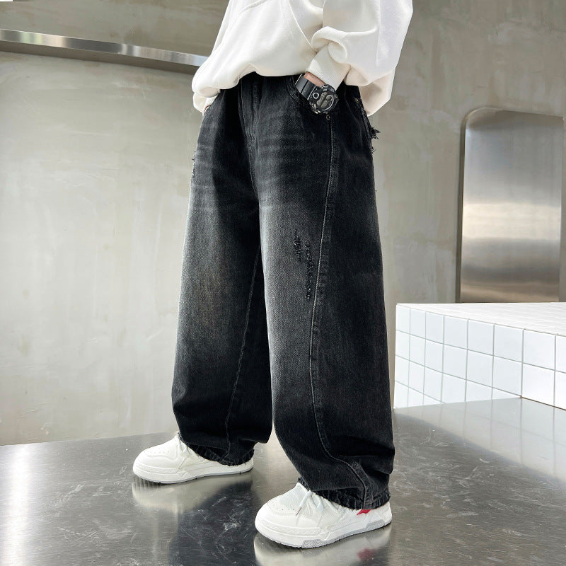 Boys Casual Denim Jeans Loose Straight Leg Long Pants