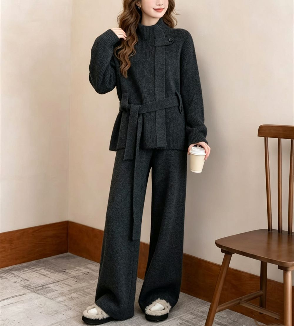 Conjunto de punto con cárdigan y pantalón ancho ajustable