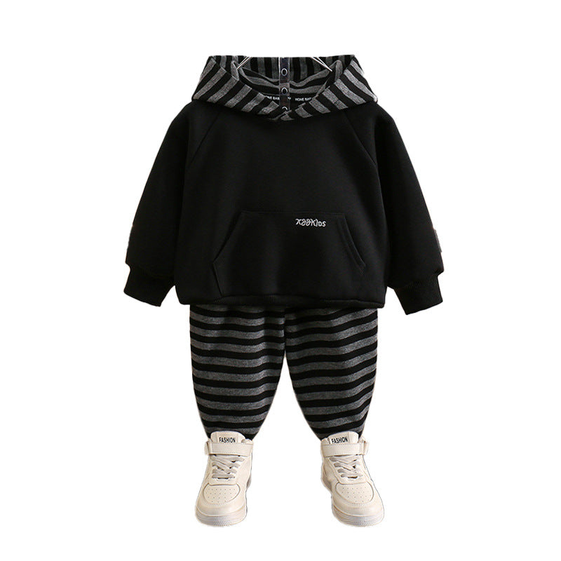 Boys' Striped Hooded Sweatshirt and Sweatpants Tracksuit Set Spring Autumn