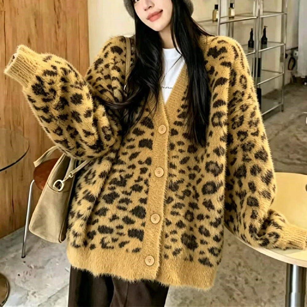 Cárdigan holgado con estampado de leopardo y cuello en V