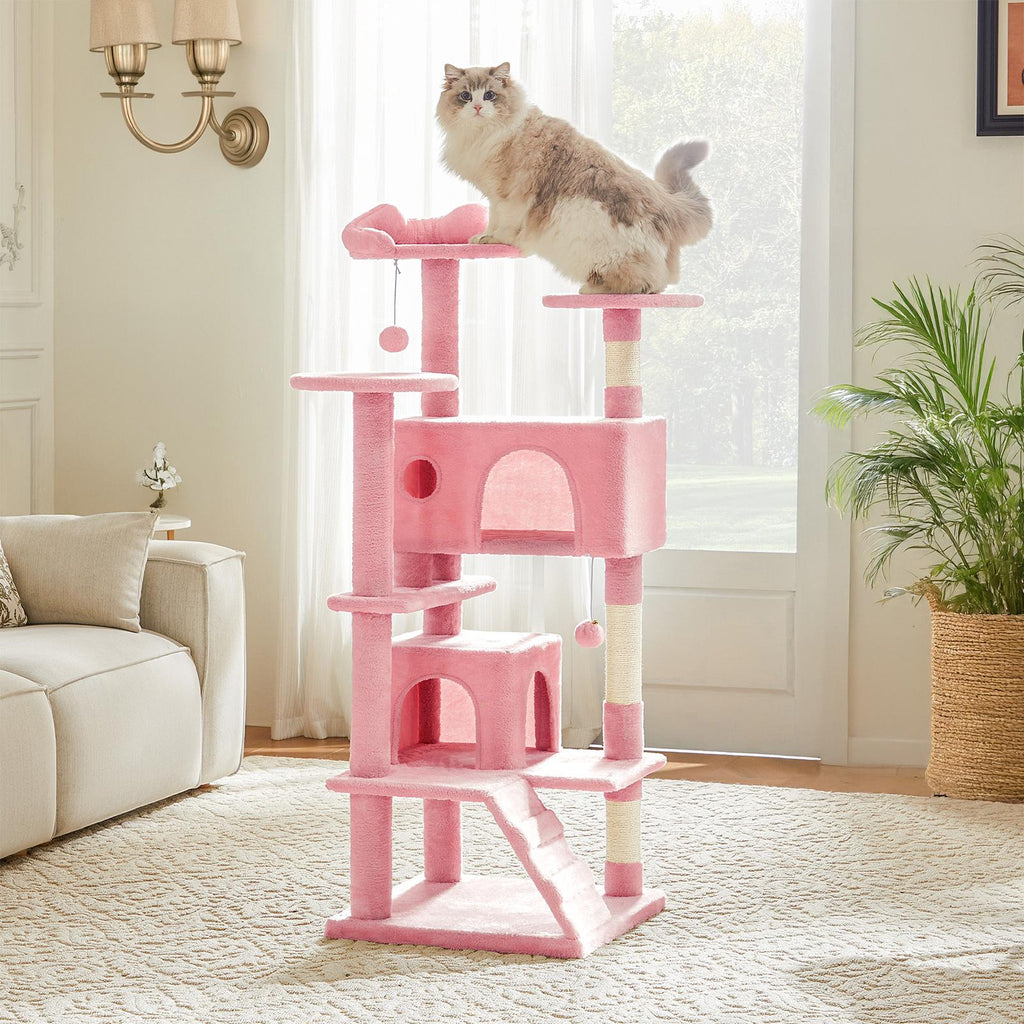 Árbol para gatos con casita, rascador y rampa — rosa