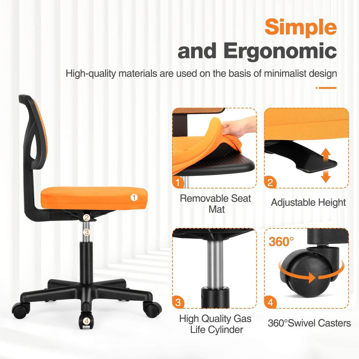 Silla de oficina de malla sin brazos — naranja