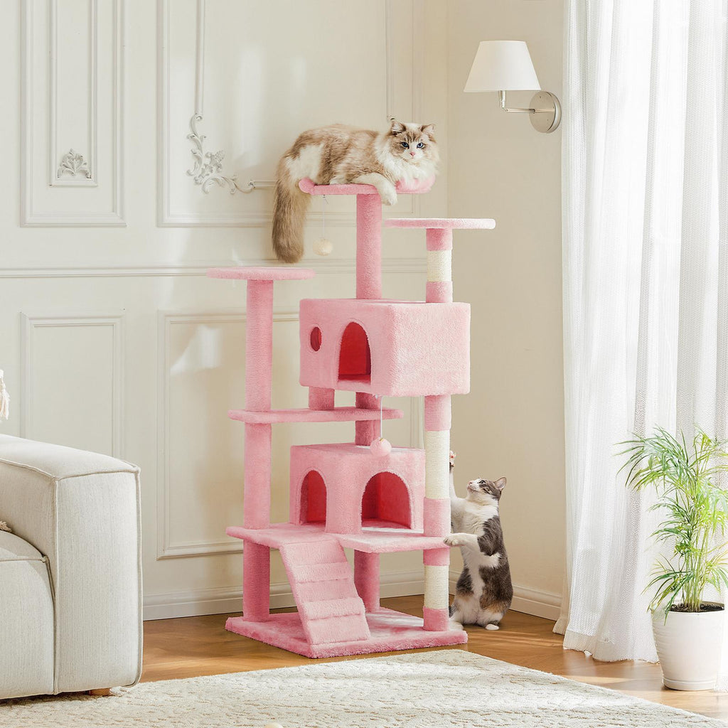 Árbol para gatos con casita, rascador y rampa — rosa
