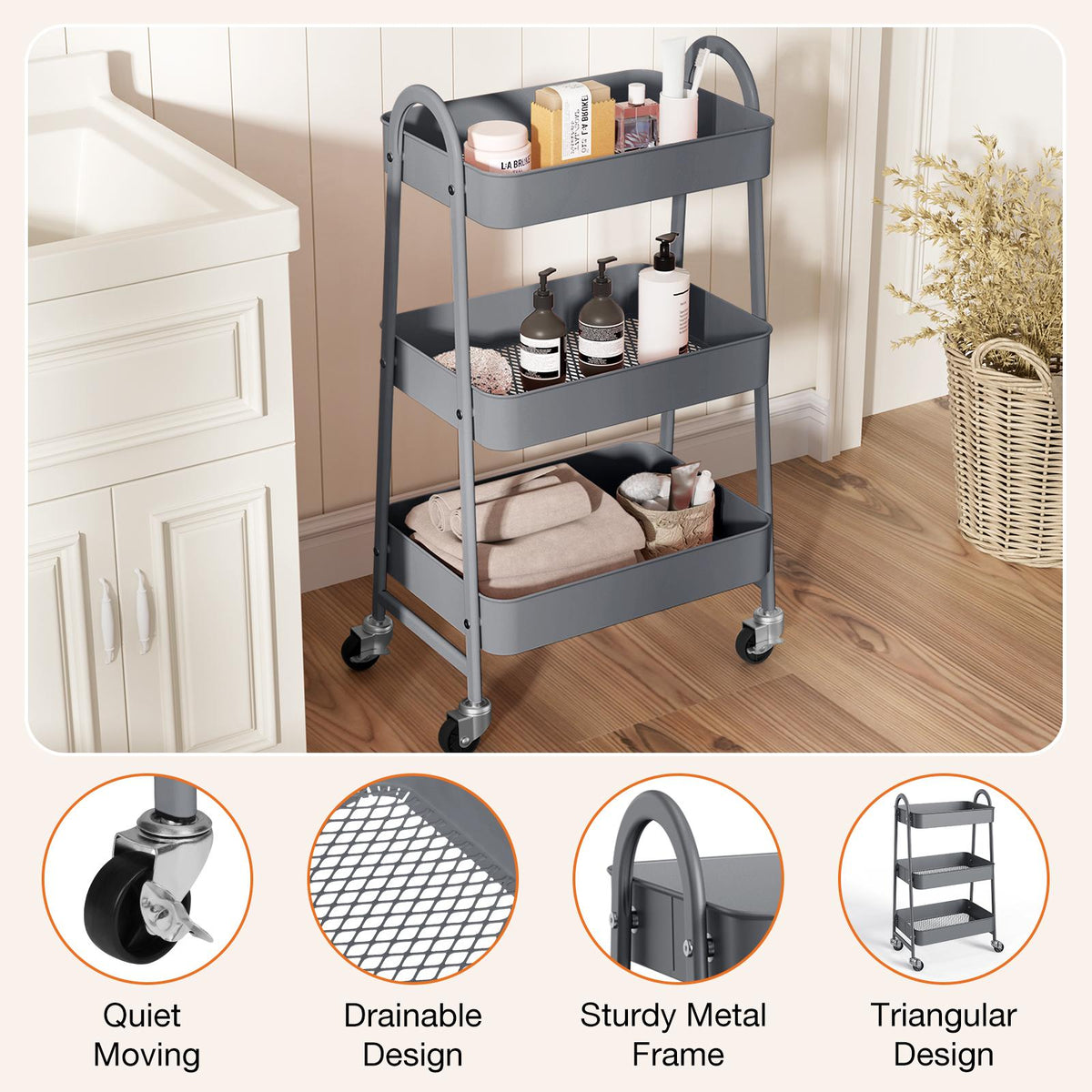 Carrito organizador metálico de tres niveles con ruedas — gris