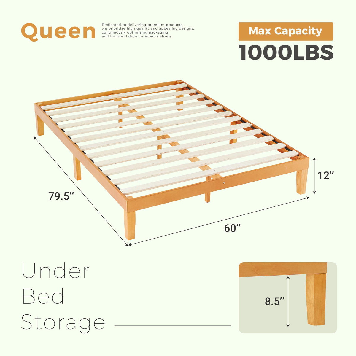 Base de cama de madera con láminas y sin cabecero — Queen