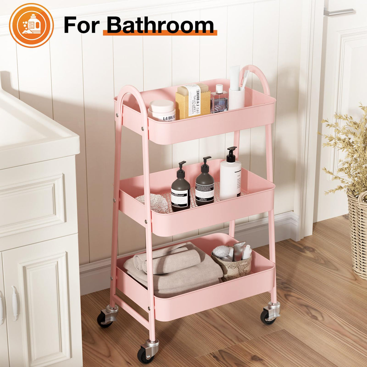 Carrito organizador metálico de tres niveles con ruedas — rosa