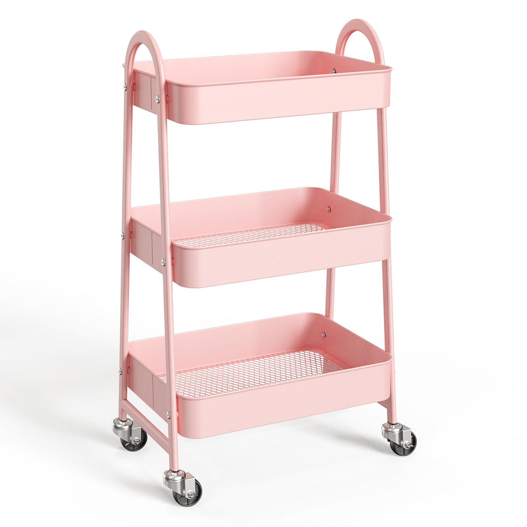 Carrito organizador metálico de tres niveles con ruedas — rosa