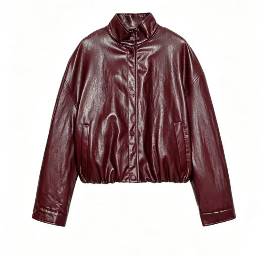 Chaqueta de PU de cuello alto con botones y cremallera