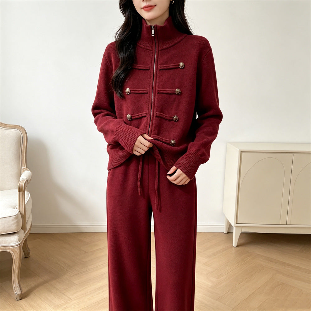 Conjunto de punto con cárdigan de doble cremallera y pantalón
