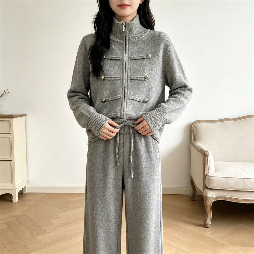 Conjunto de punto con cárdigan de doble cremallera y pantalón