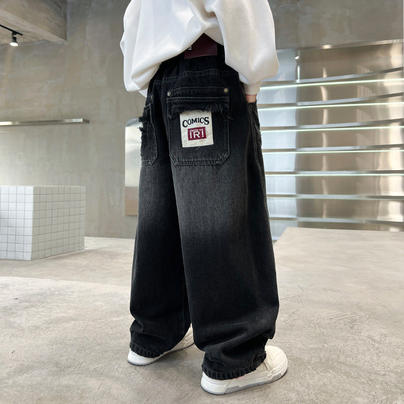 Boys Casual Denim Jeans Loose Straight Leg Long Pants