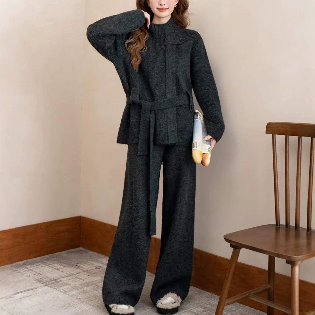 Conjunto de punto con cárdigan y pantalón ancho ajustable
