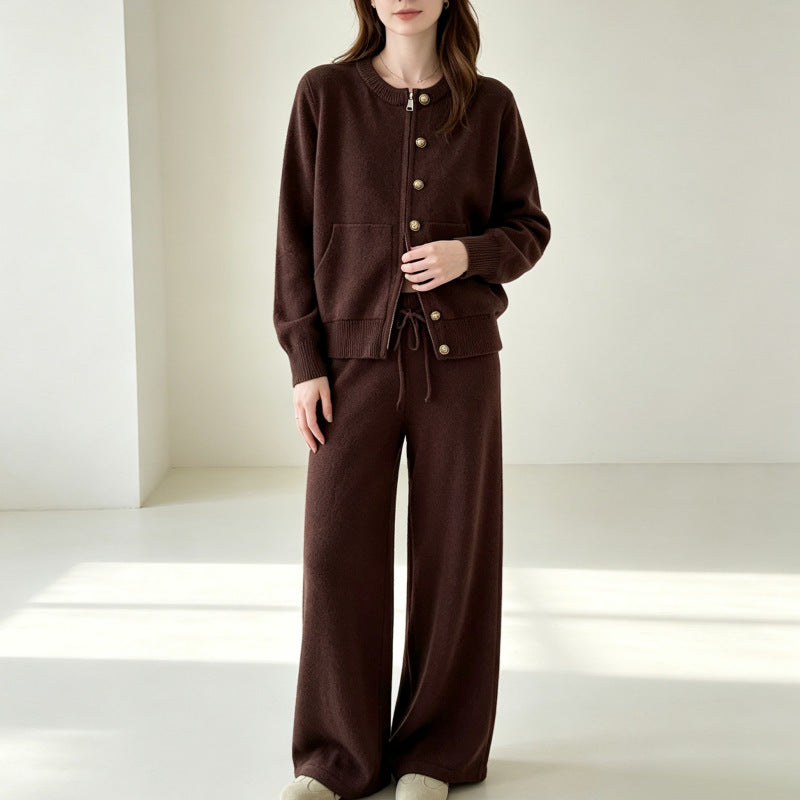 Conjunto de punto de 2 piezas: cárdigan y pantalón ancho