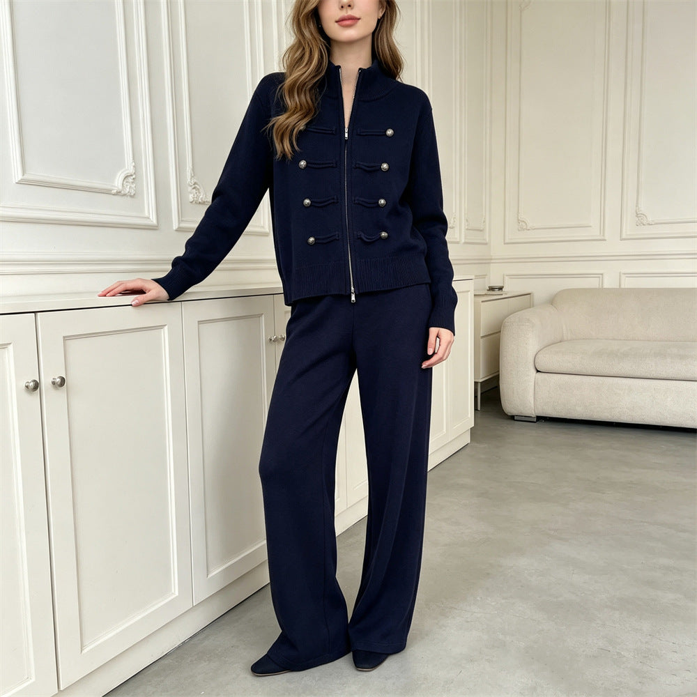 Conjunto de punto con cárdigan de doble cremallera y pantalón