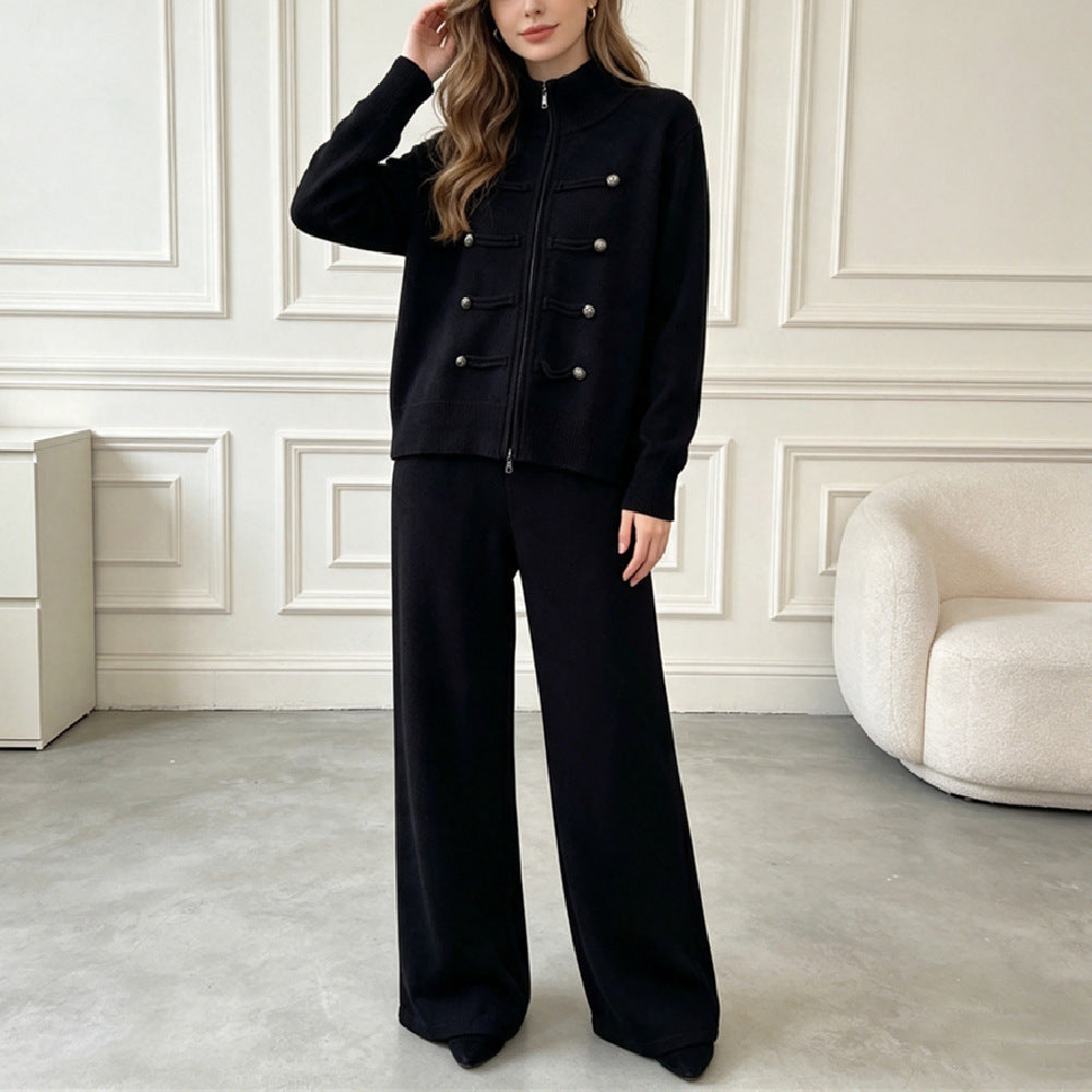 Conjunto de punto con cárdigan de doble cremallera y pantalón