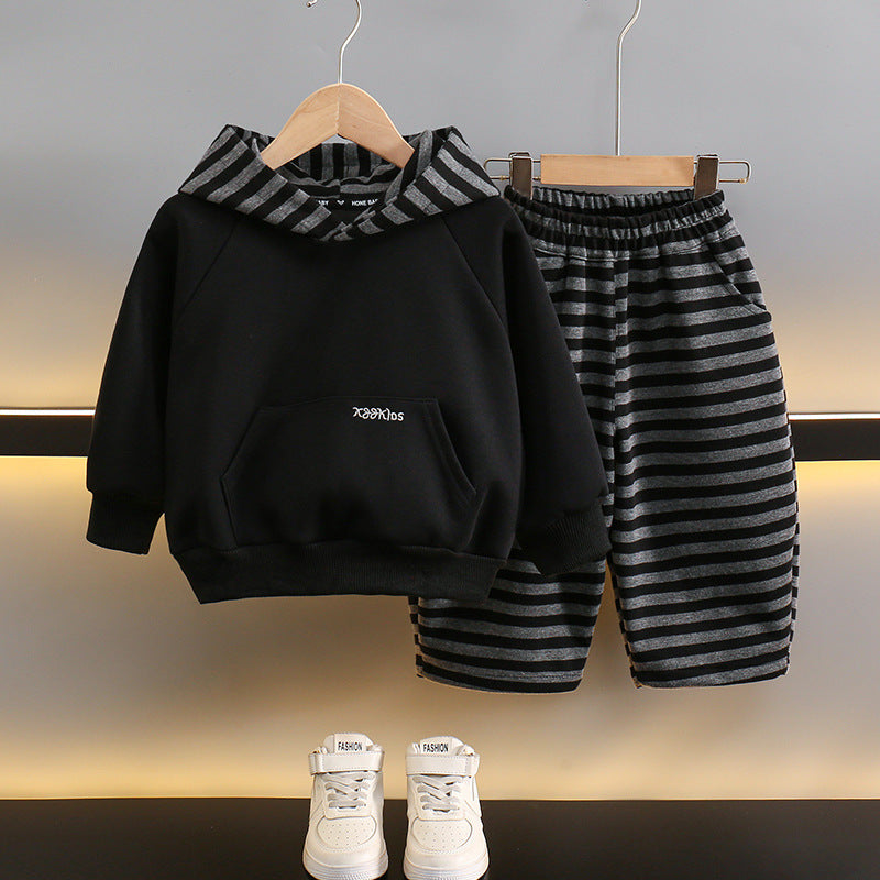 Boys' Striped Hooded Sweatshirt and Sweatpants Tracksuit Set Spring Autumn