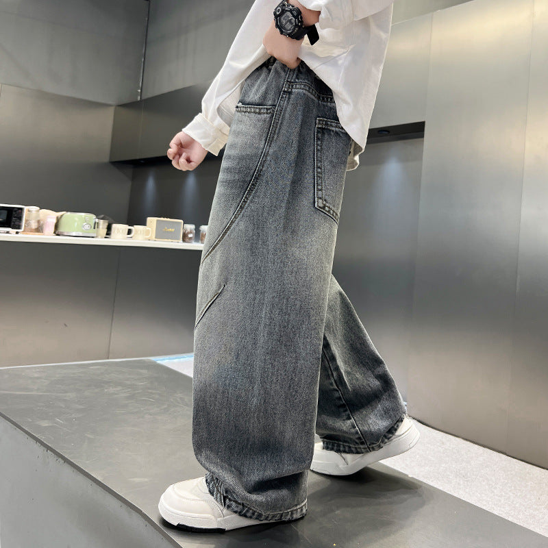 Casual Cargo Denim Pants for Boys, Relaxed Fit Autumn Long Trousers
