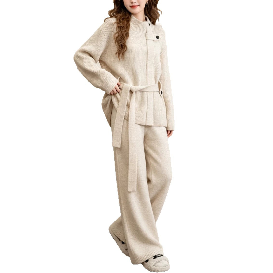 Conjunto de punto con cárdigan y pantalón ancho ajustable